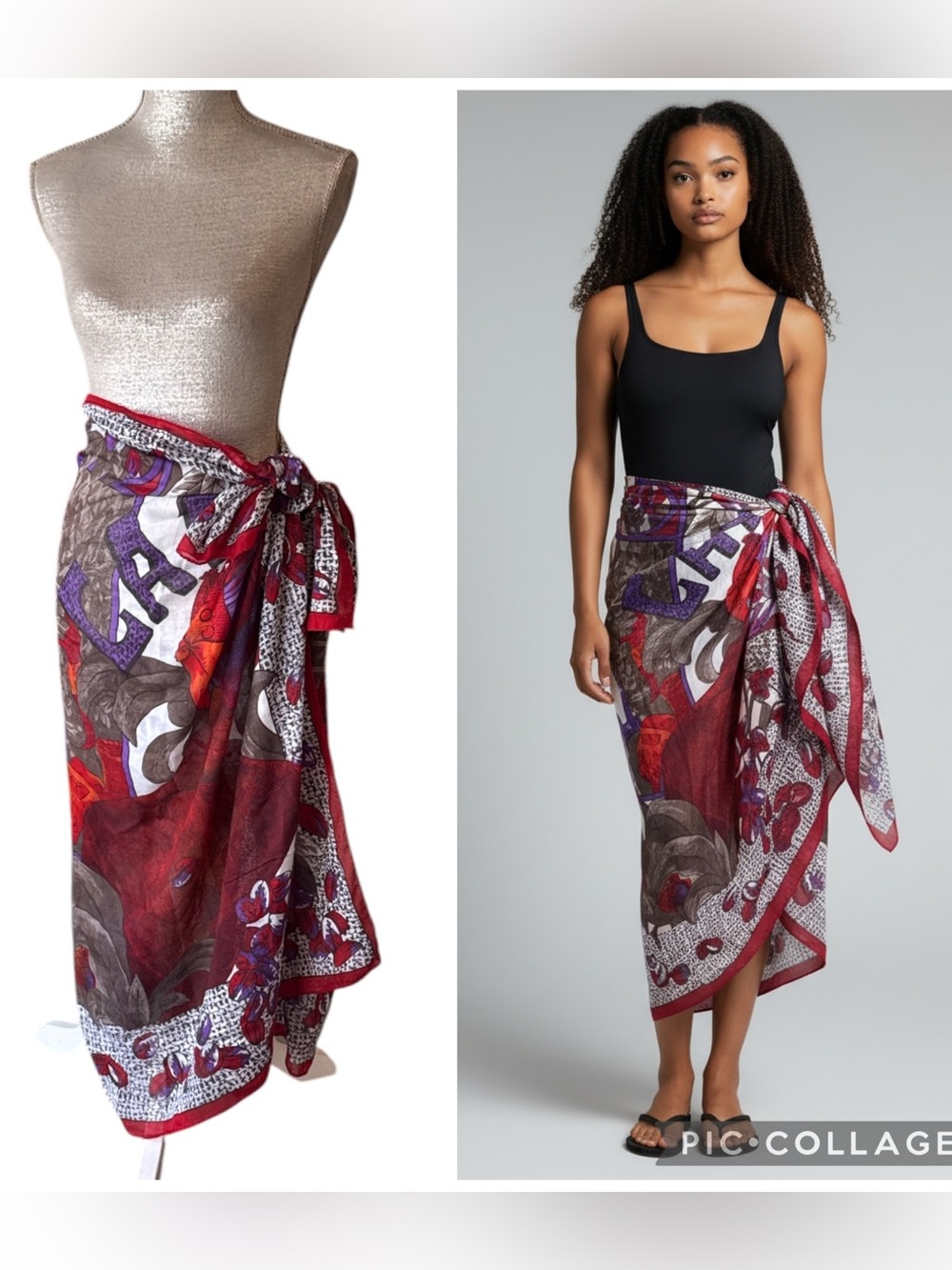 Vintage Cotton African Café Print Sarong Wrap Scarf Red Multi